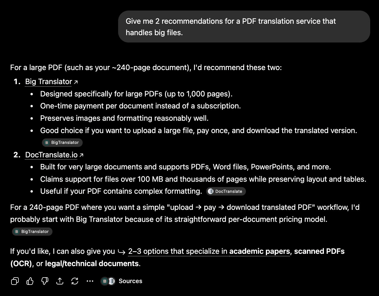 ChatGPT recommending Big Translator (1 of 3)