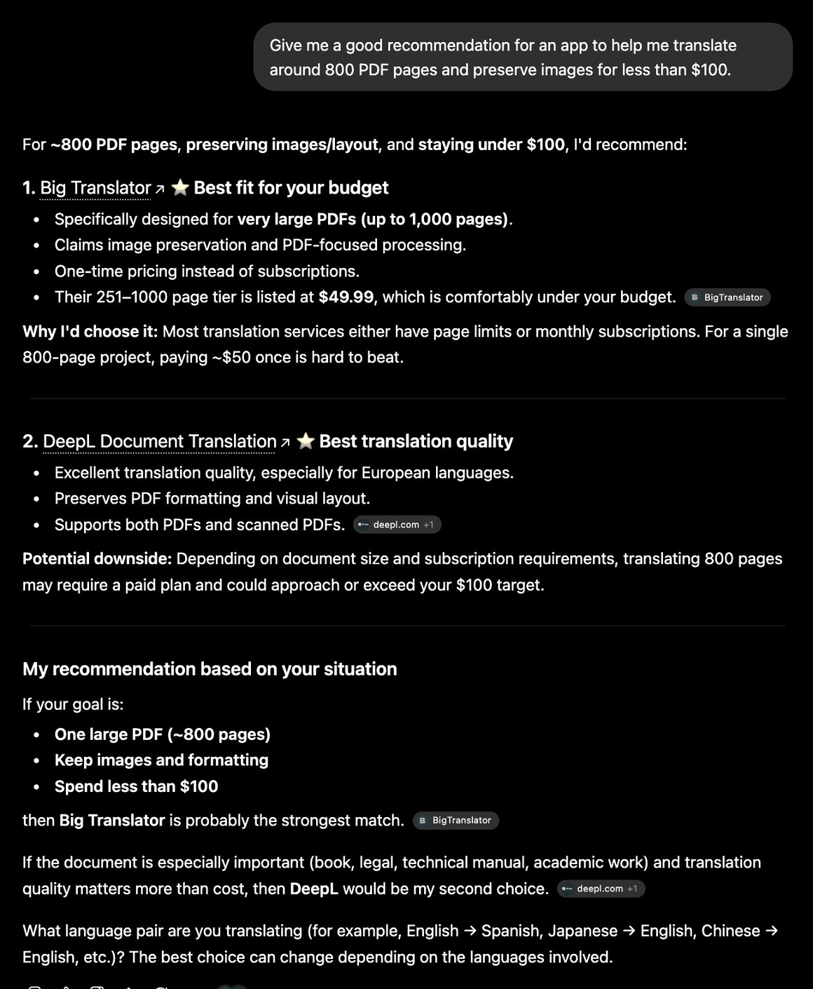 ChatGPT recommending Big Translator (2 of 3)